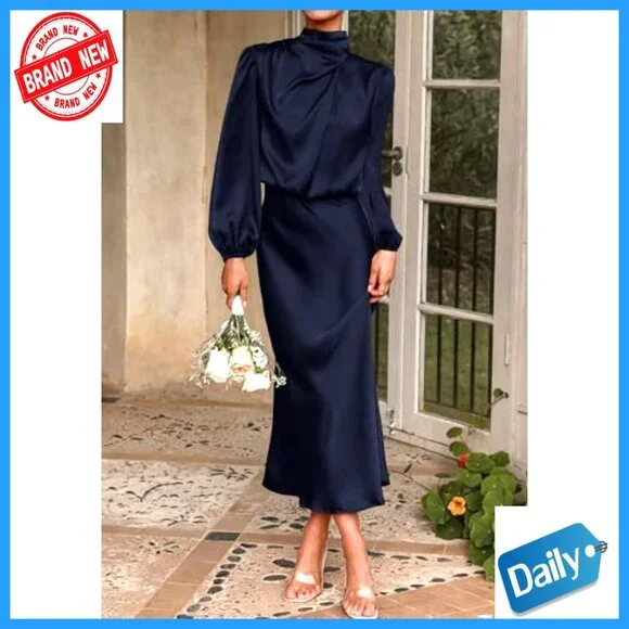 Satin Mock Neck Maxi Dress Elegant Formal Wedding Party Cocktail Wear